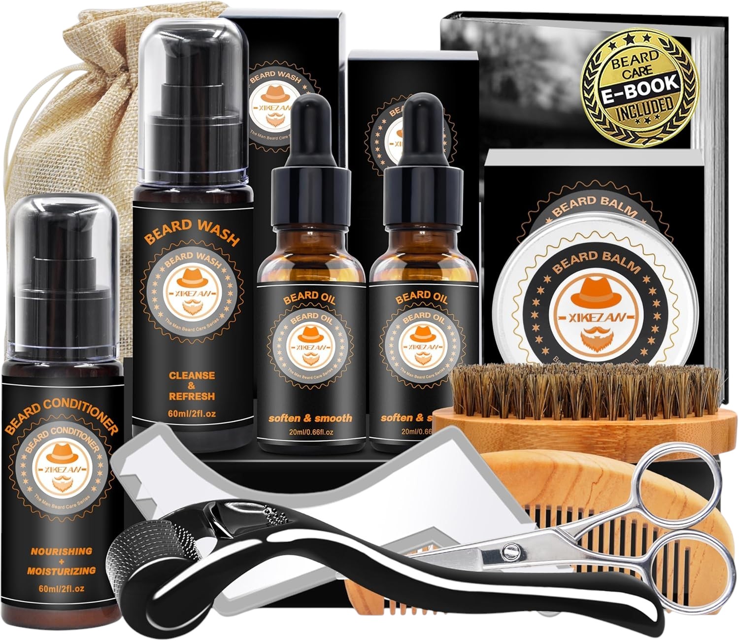 Kit completo com produtos para barba, escova, pente e tesoura