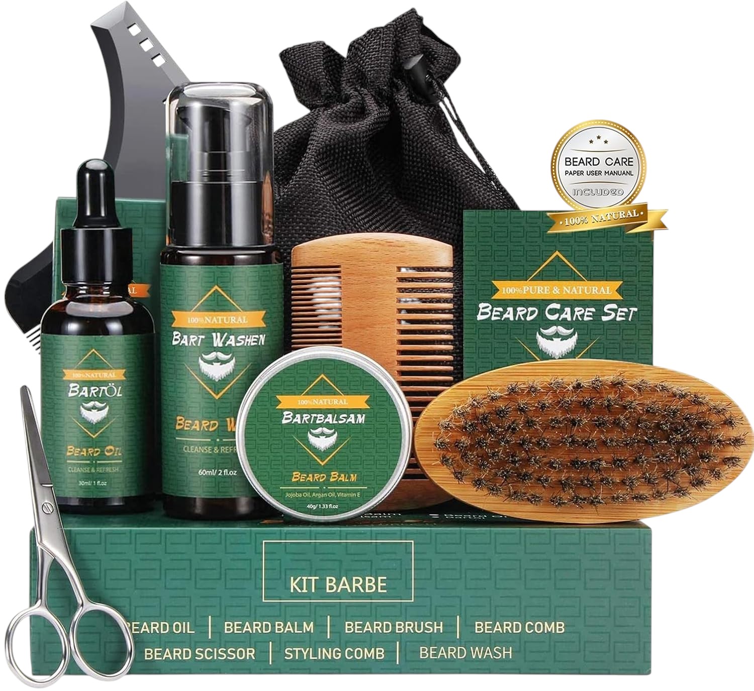 Kit Barba Natural Completo com Óleo, Bálsamo, Escova, Pente e Tesoura