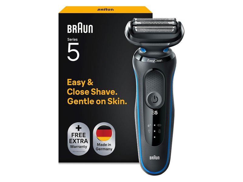 Máquina de barbear elétrica de lâminas Braun Series 5 51-B1000s azul ao lado da caixa