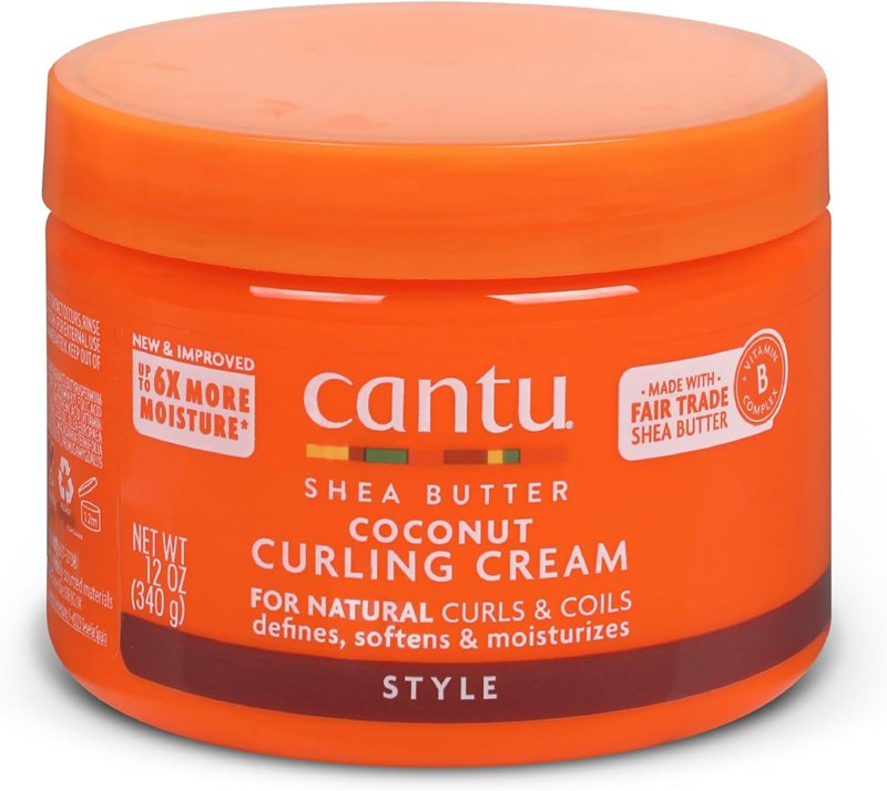 Frasco laranja de creme para caracóis Cantu Coconut Curling Cream com manteiga de karité, 340 g