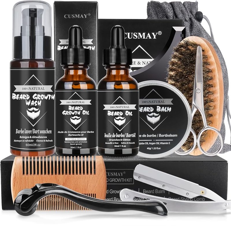 Kit de barba CUSMAY 11 em 1 com champô, óleos, bálsamo, escova, pente, tesoura e navalha