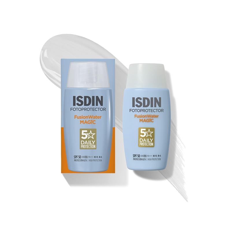 Frasco do protetor solar facial ISDIN Fusion Water Magic SPF 50 de 50 ml