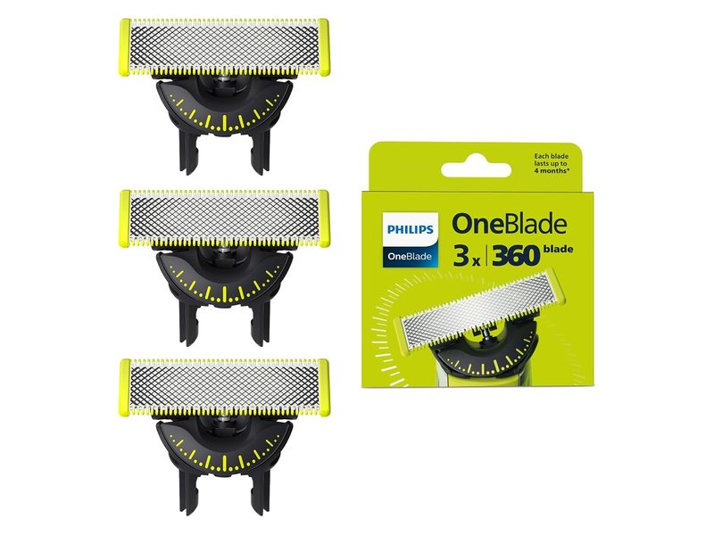 Três lâminas de substituição Philips OneBlade 360 ao lado da embalagem QP430