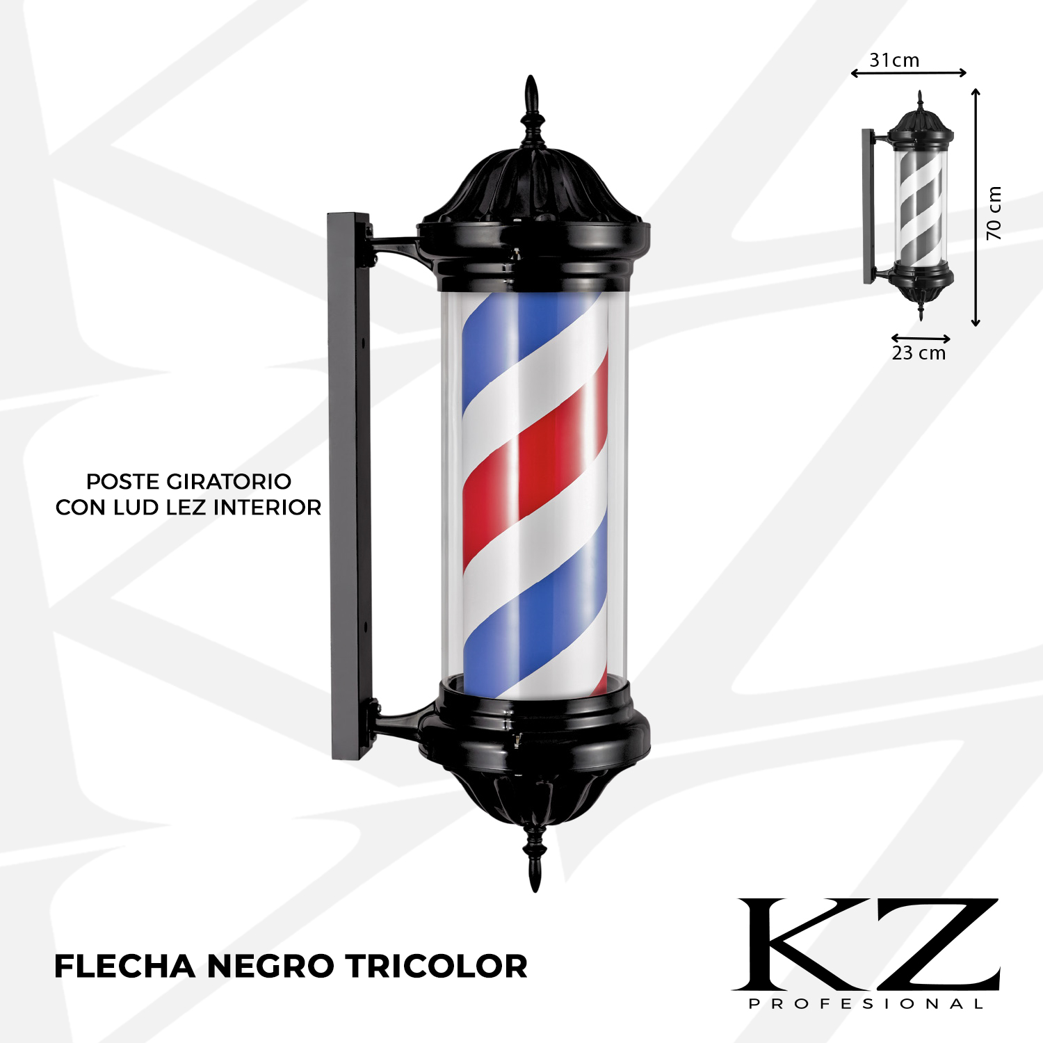 Poste de barbeiro luminoso com seta para fachada de peluquerias e barbearias