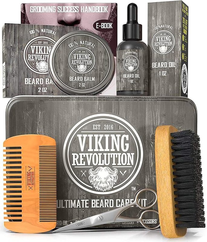 Viking Revolution Beard Grooming Kit com escova, pente, balm, óleo e tesoura