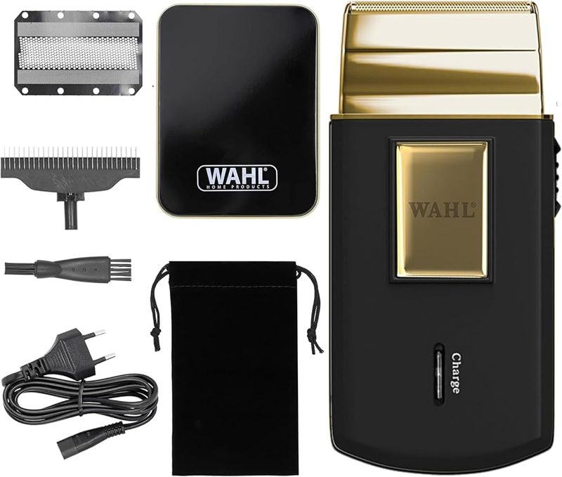 Shaver de folha Wahl Gold Edition Travel Shaver com caixa metálica, bolsa e peças de substituição